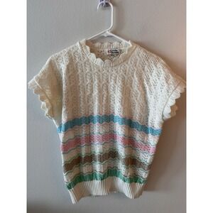 Vintage Cristin Stevens Women's XL Open Knit Sweater Cap Sleeve Pastels Grandma
